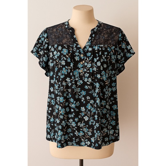 Ava & Grace XL Shirt Black Blue Floral Lace Romantic Cottagecore Boho Feminine - Picture 1 of 9